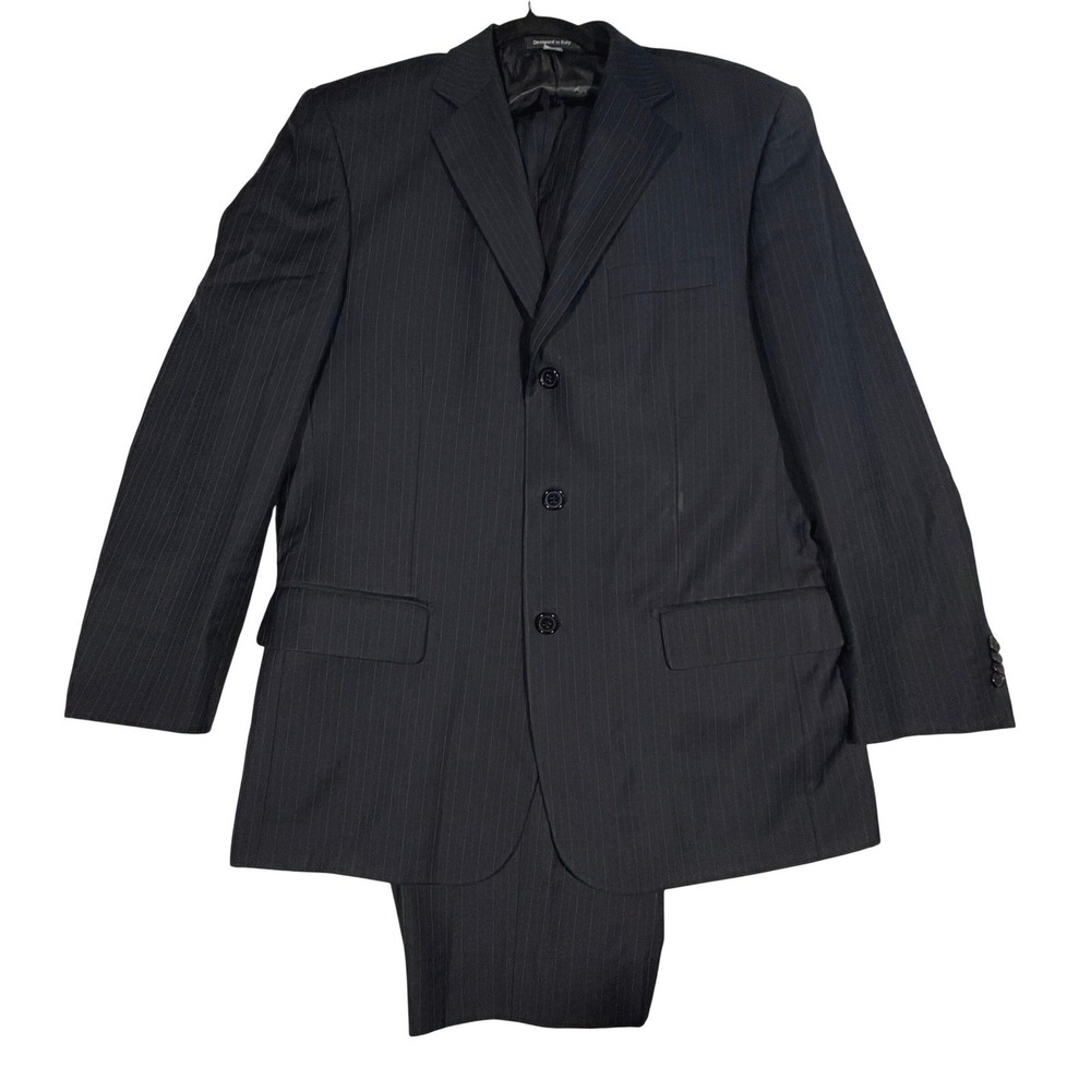B&H Tailored Mens Pinstripe Wool Blend Suit 38 Jacket Pants Business Formal